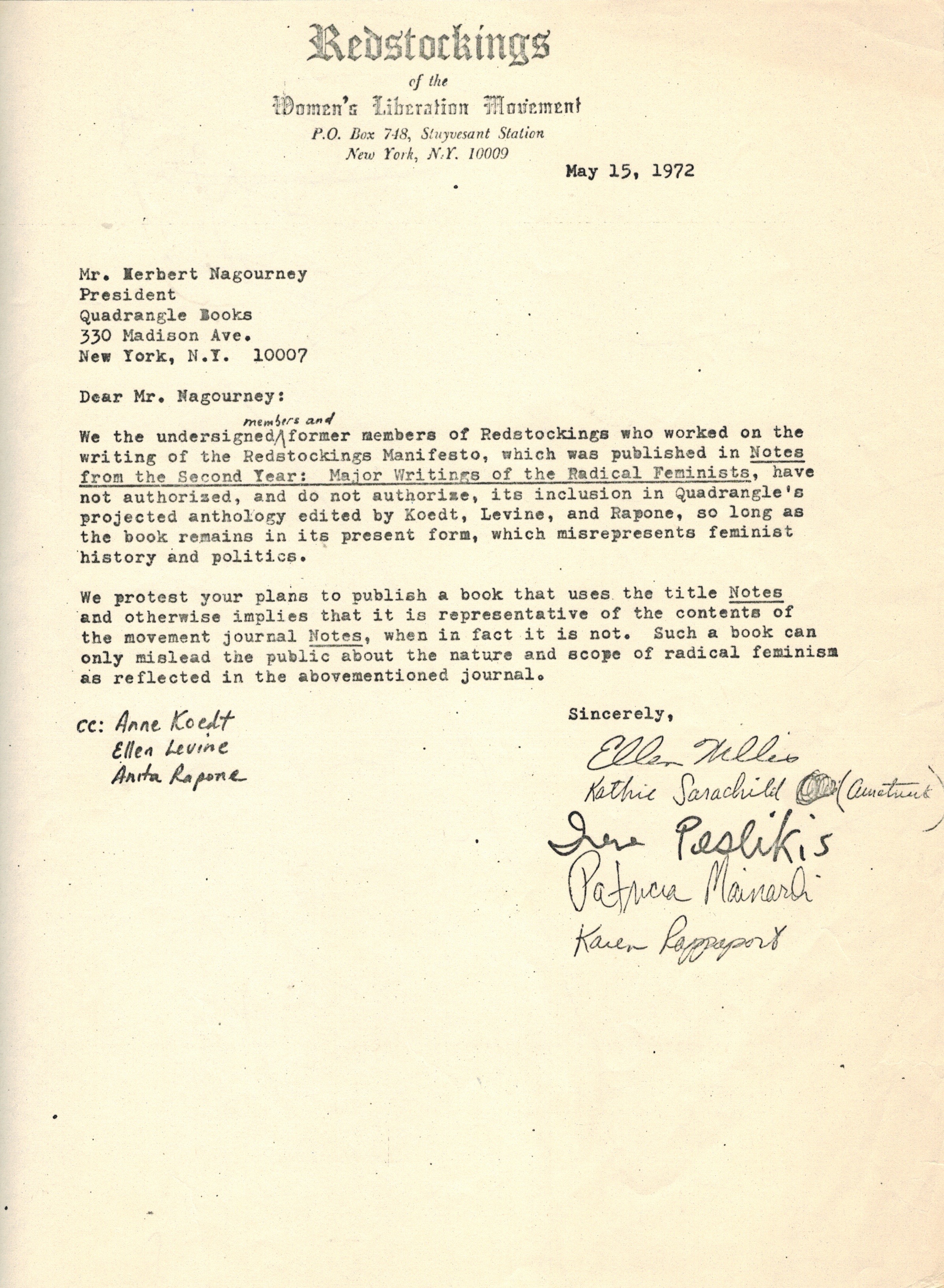 1972 05 15 Manifesto rights letter to Quadrangles